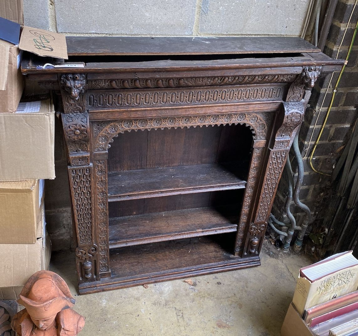 A 19th century Flemish carved oak open wall cabinet, width 91cm, depth 26cm, height 94cm